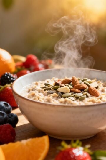 Healthy breakfast foods: fruits, oatmeal, and juice.