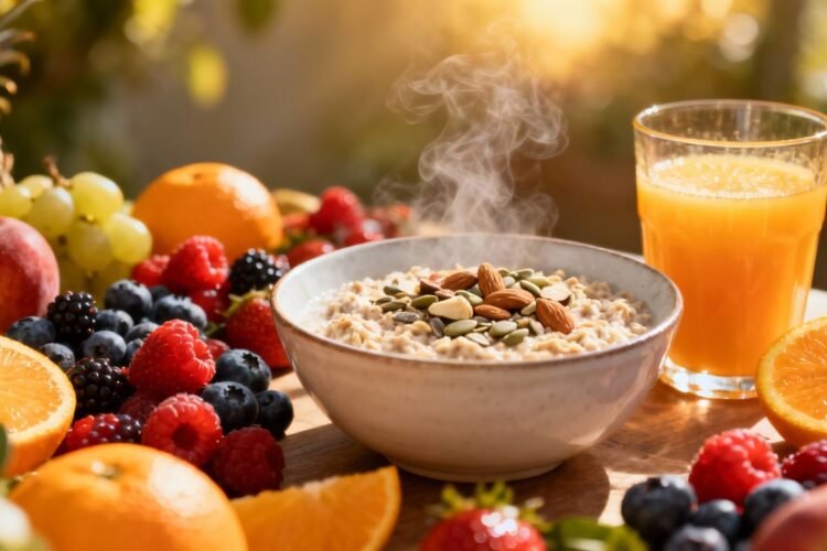 Healthy breakfast foods: fruits, oatmeal, and juice.