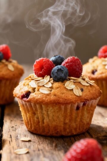 Healthy breakfast muffins with berries on a wooden surface.