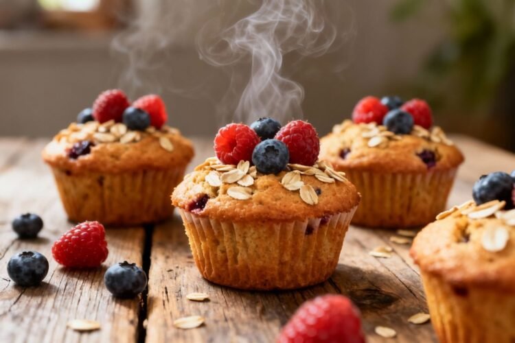 Healthy breakfast muffins with berries on a wooden surface.