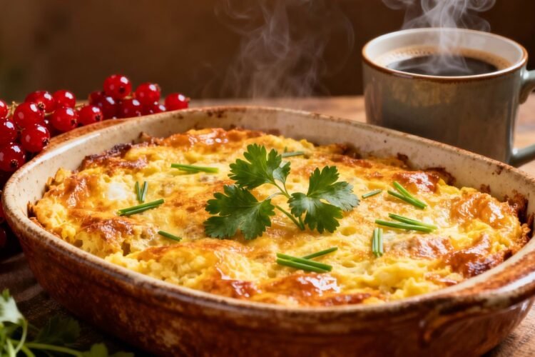 Healthy breakfast casserole with fresh herbs and berries.