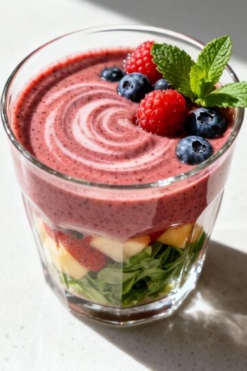 Healthy breakfast smoothie with fresh fruit and greens.