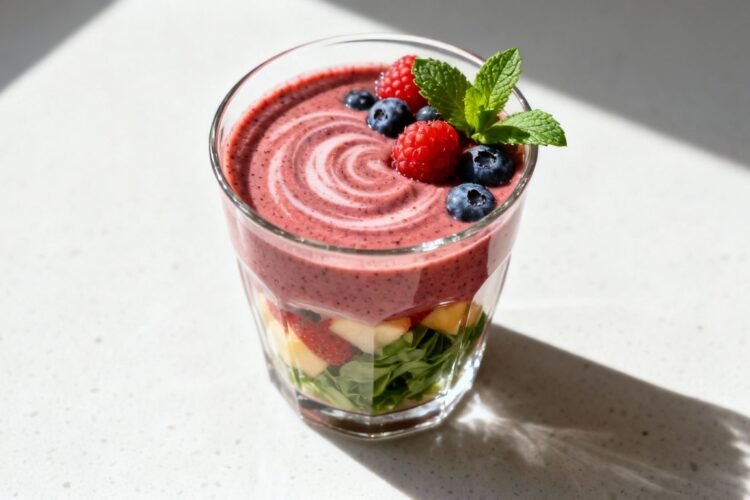 Healthy breakfast smoothie with fresh fruit and greens.