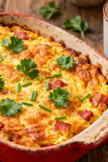 Healthy breakfast casserole with fresh herbs and berries.
