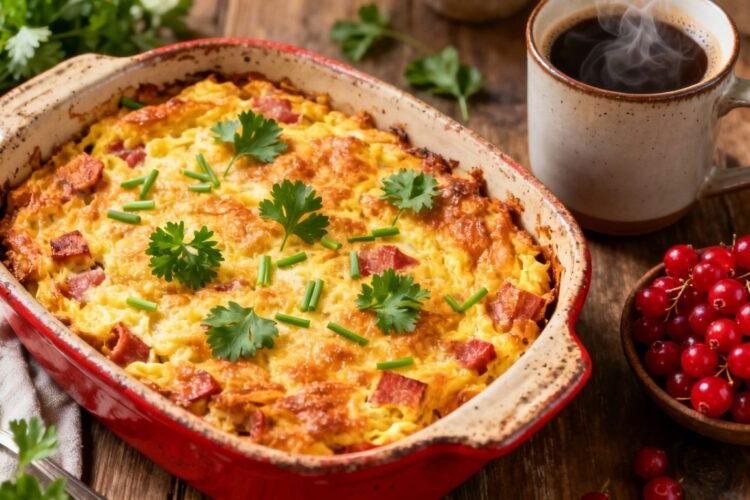 Healthy breakfast casserole with fresh herbs and berries.