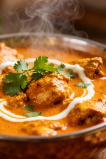 Bowl of creamy Chicken Butter Masala with naan