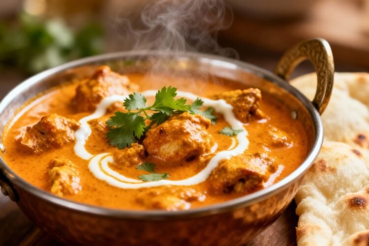 Bowl of creamy Chicken Butter Masala with naan