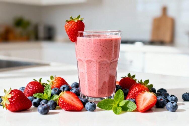 Healthy breakfast smoothie with fresh fruits.