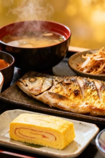 A colorful and delicious Japanese breakfast spread.