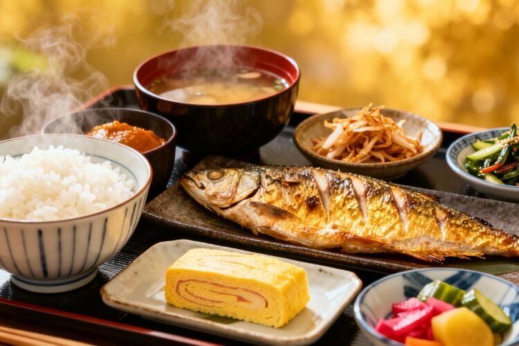 A colorful and delicious Japanese breakfast spread.