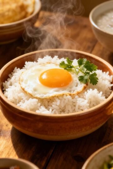 Delicious and easy breakfast rice bowls with egg and garnishes.