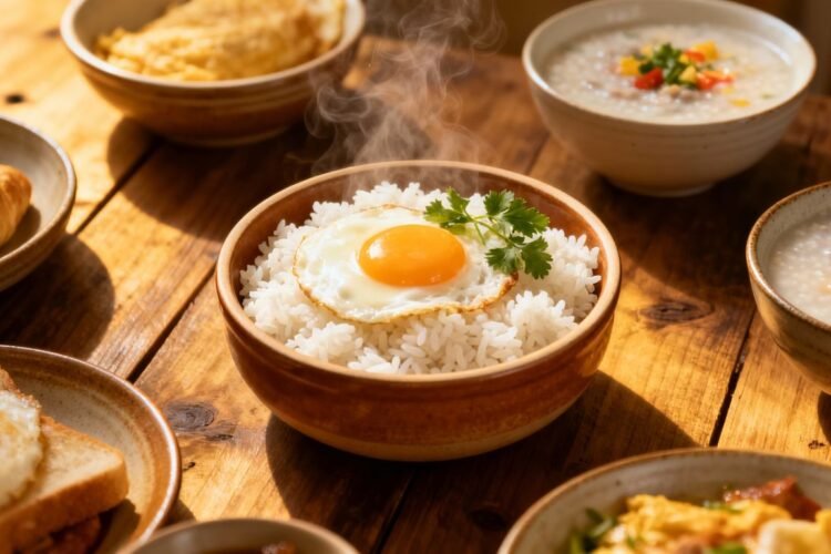 Delicious and easy breakfast rice bowls with egg and garnishes.