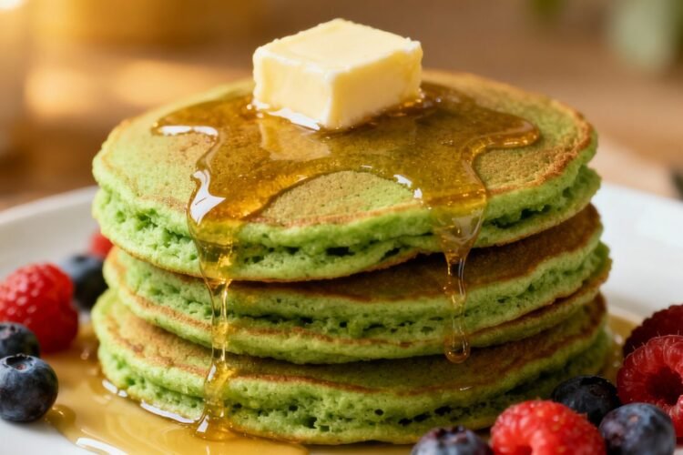 Stack of fluffy green pancakes with syrup and berries.
