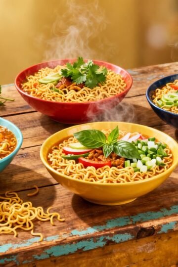 Creative Maggi noodle dishes on a wooden table.