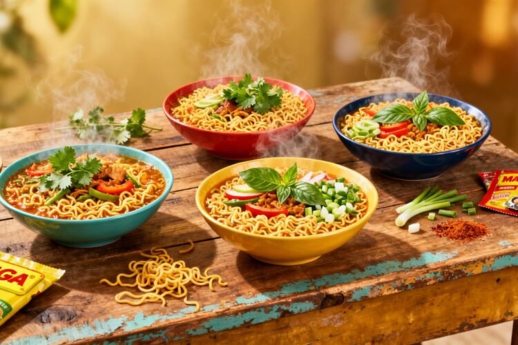 Creative Maggi noodle dishes on a wooden table.