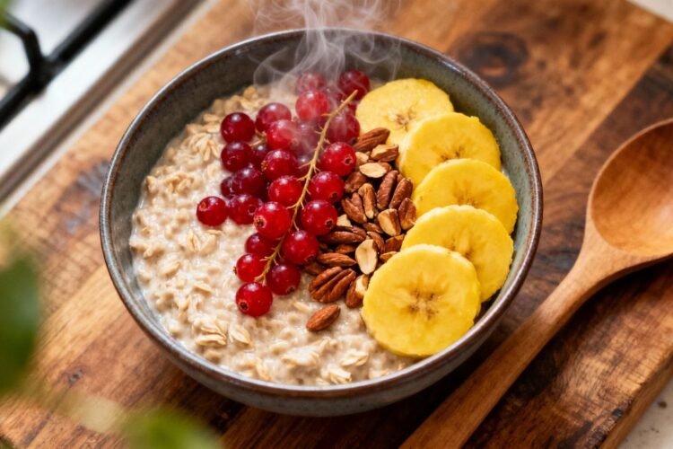 Bowl of healthy oatmeal with fresh fruit and nuts.