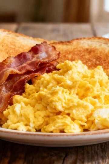 Delicious breakfast spread with eggs, bacon, and toast.