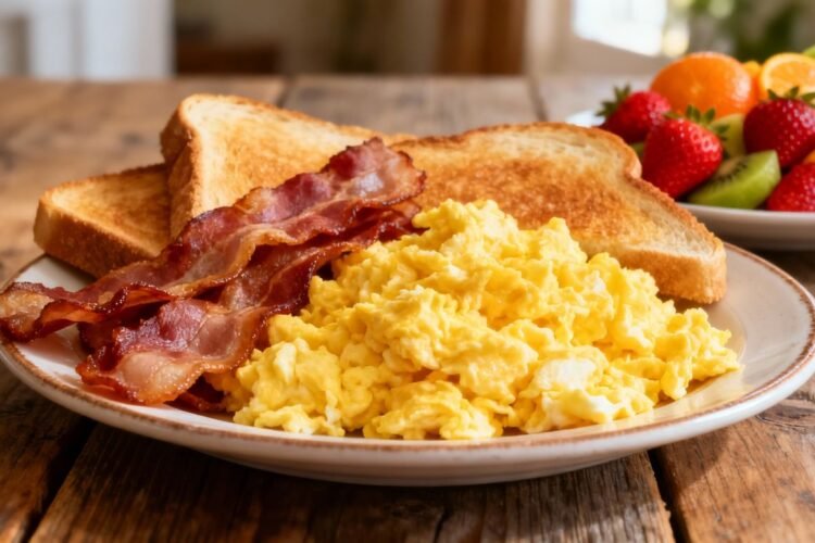Delicious breakfast spread with eggs, bacon, and toast.