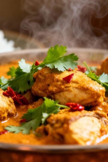 Slow cooker chicken curry with rice and cilantro.