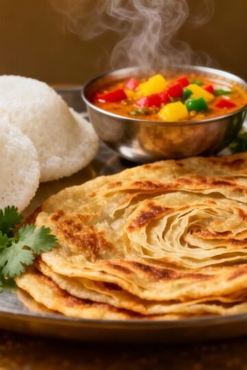 Delicious Indian breakfast spread with parathas and idlis.
