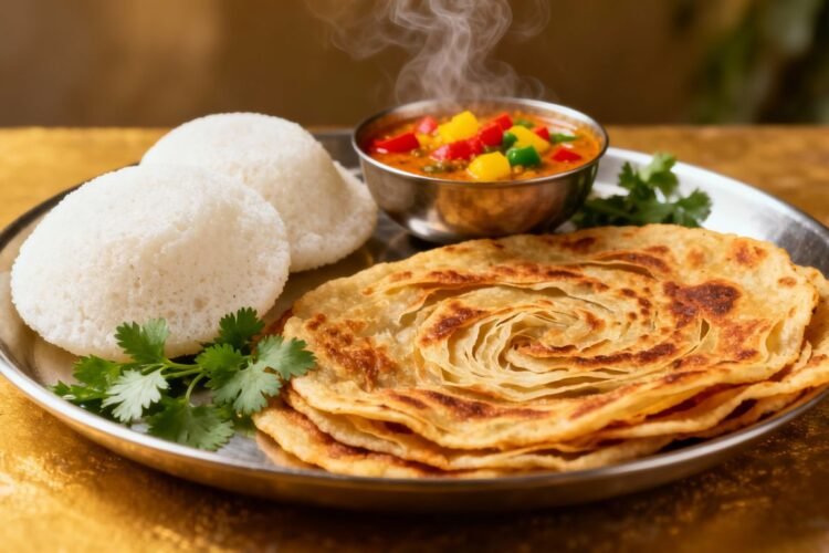 Delicious Indian breakfast spread with parathas and idlis.
