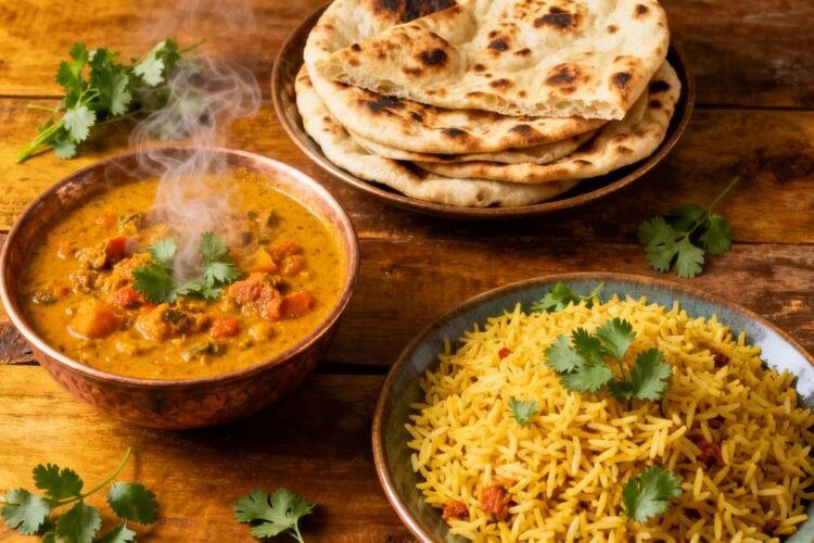 Colorful Indian vegetarian dishes on a rustic table.