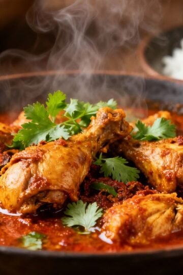 Authentic Mangalorean chicken curry in a bowl with rice.