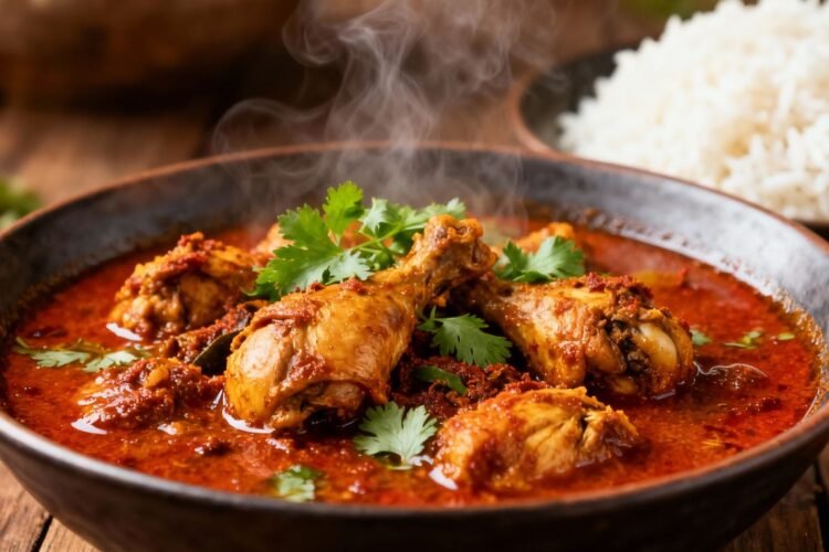 Authentic Mangalorean chicken curry in a bowl with rice.