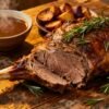 Roasted leg of lamb with rosemary and gravy.