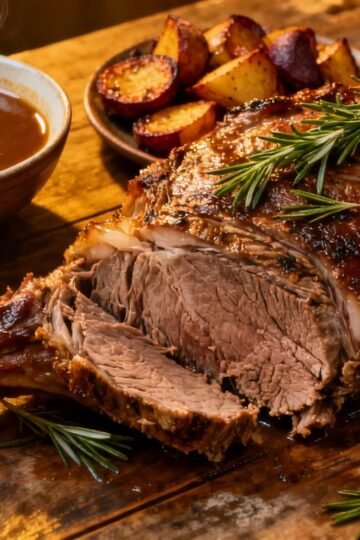 Roasted leg of lamb with rosemary and gravy.