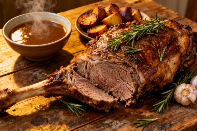 Roasted leg of lamb with rosemary and gravy.