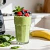 Healthy green breakfast shake with berries and mint.