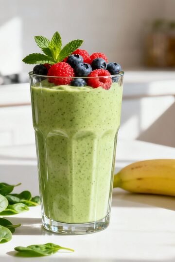 Healthy green breakfast shake with berries and mint.