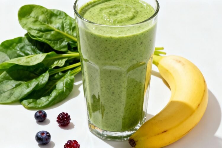 Healthy green smoothie with fresh fruits and spinach.