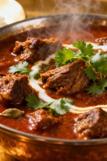 Mutton curry in a bowl with rice