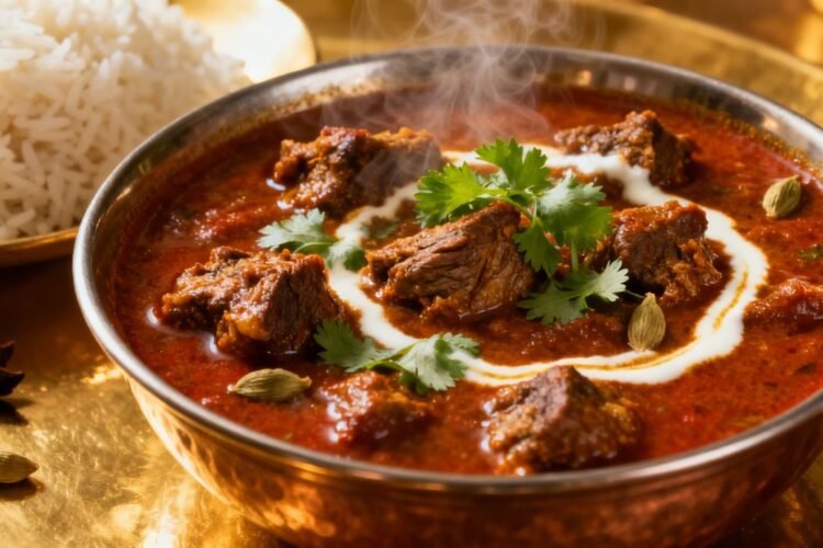Mutton curry in a bowl with rice