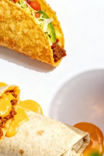 Taco Bell menu items: taco, burrito, and Baja Blast.