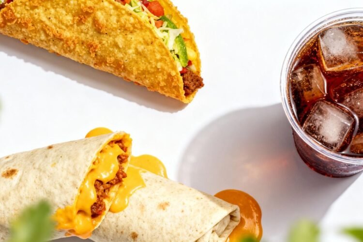 Taco Bell menu items: taco, burrito, and Baja Blast.