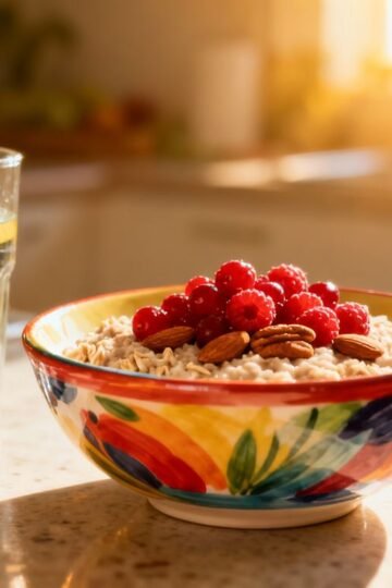 Healthy breakfast bowl with berries and nuts for weight loss.