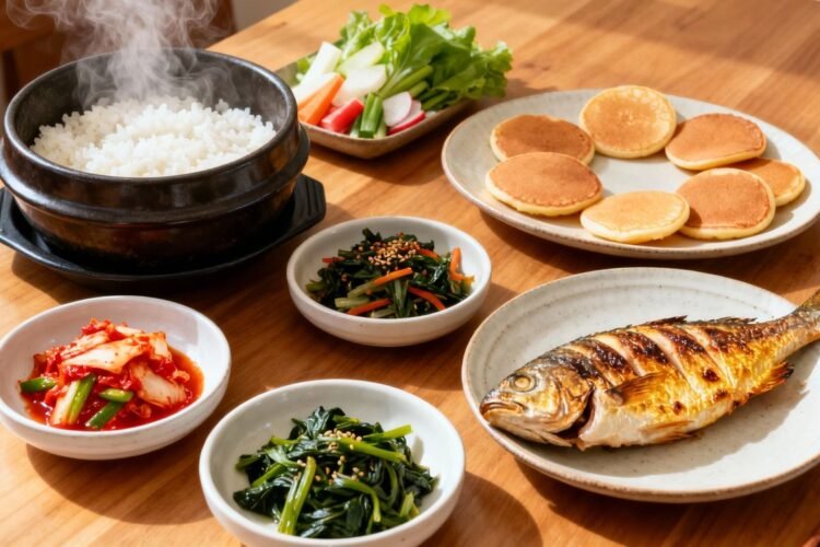 Traditional Korean breakfast spread with rice, kimchi, and side dishes.