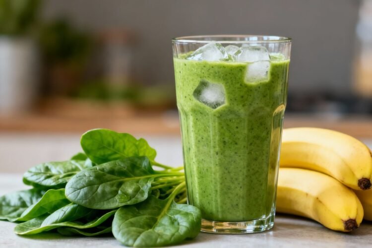 Healthy green smoothie with fresh fruits and spinach.