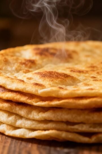 Stack of soft, fluffy homemade rotis on a wooden surface.