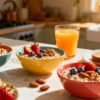 Heart healthy breakfast spread with fruits, oatmeal, and avocado toast.