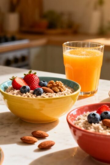 Heart healthy breakfast spread with fruits, oatmeal, and avocado toast.