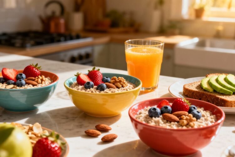Heart healthy breakfast spread with fruits, oatmeal, and avocado toast.