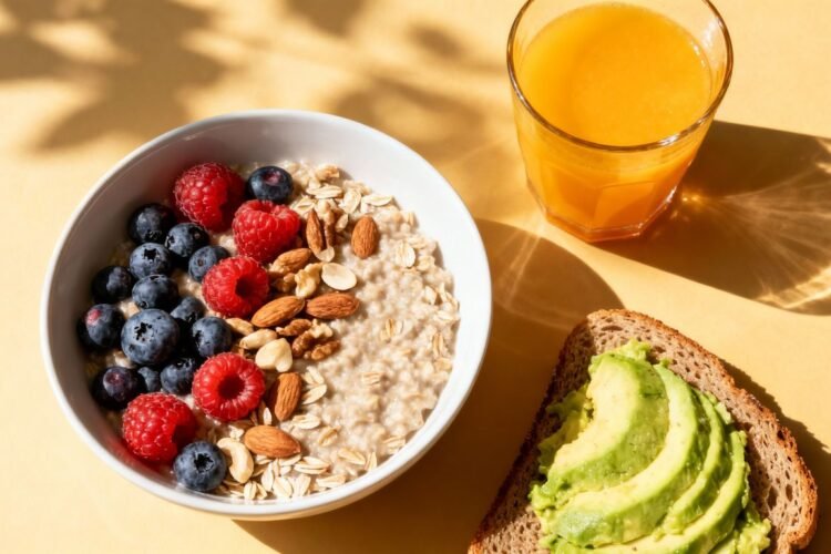 Healthy pregnancy breakfast with oatmeal, berries, and juice.