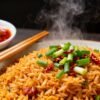 Indo-Chinese fried rice with Manchurian sauce and chopsticks.