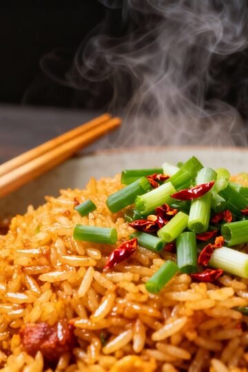 Indo-Chinese fried rice with Manchurian sauce and chopsticks.