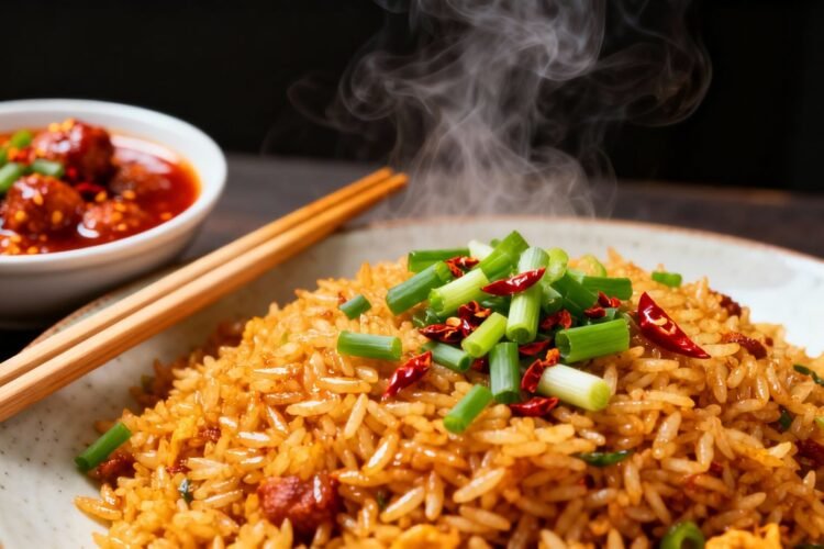 Indo-Chinese fried rice with Manchurian sauce and chopsticks.