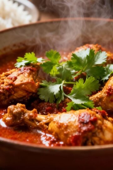Authentic Mangalorean chicken curry in a bowl with rice.